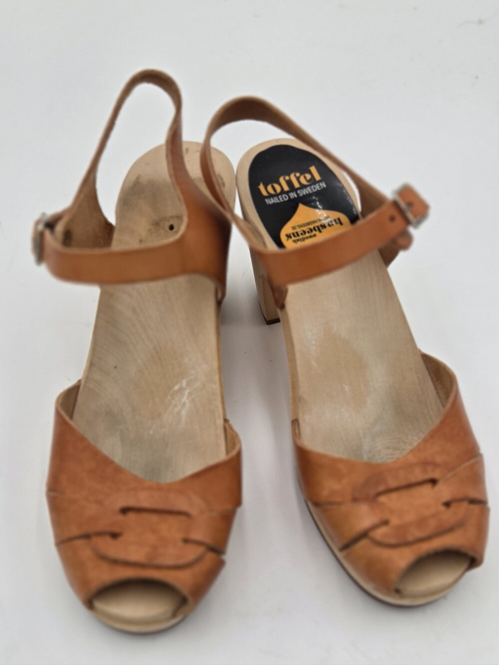 Swedish Hasbeens Tan Leather Peep Toe Slingback Sandals size 38 US 8